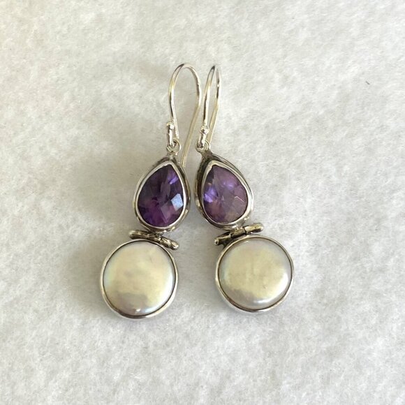 Sterling Silver 925 Pear Shaped Amethyst Hinged White Coin Pearl Dangle Earrings - Picture 13 of 16